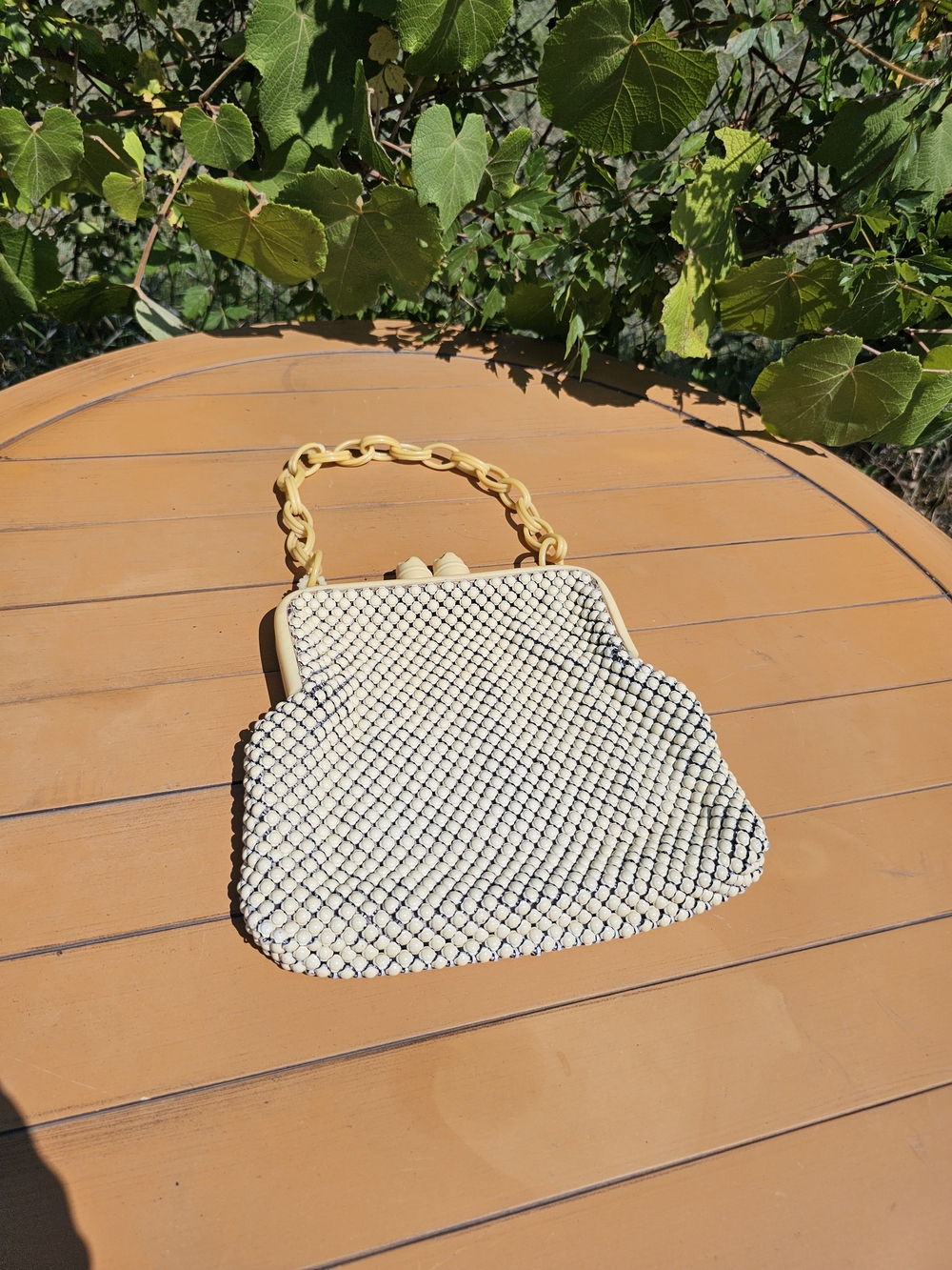 Vintage Whiting & Davis Cream Metal Mesh Top-Handle Bag with Bakelite Chain